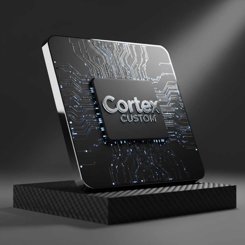 The image of a black, electronically configured icon that reads "Cortex Custom", presented on a black and gray platform an...